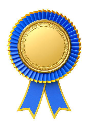 Shiny blue award ribbon on white background.