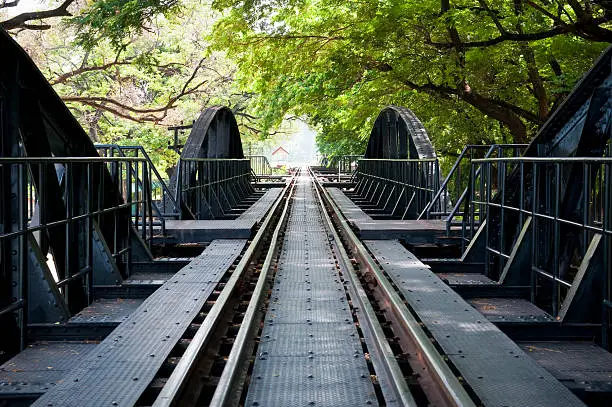 The famous Bridge on the River Kwai in Kanchanaburi, Thailand. The bridge was built by Allied POW labor during World War II, part of a railway going from Thailand to Burma.
