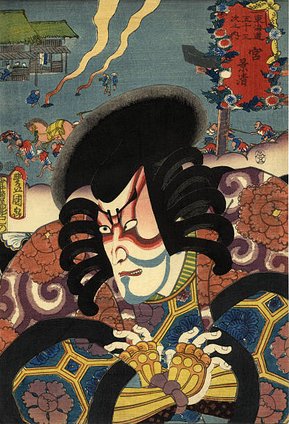 ilustrações, clipart, desenhos animados e ícones de toyokuni xiolográfica em japonês tradicional estampa de ator - kabuki color image japan japanese culture