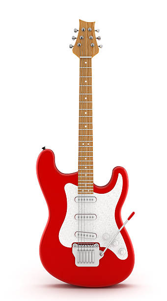 Red electric guitar Red electric guitar with pickguard and tremolo bar isolated on white. electric guitar photos stock pictures, royalty-free photos & images