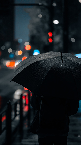 Umbrella and city lights at night