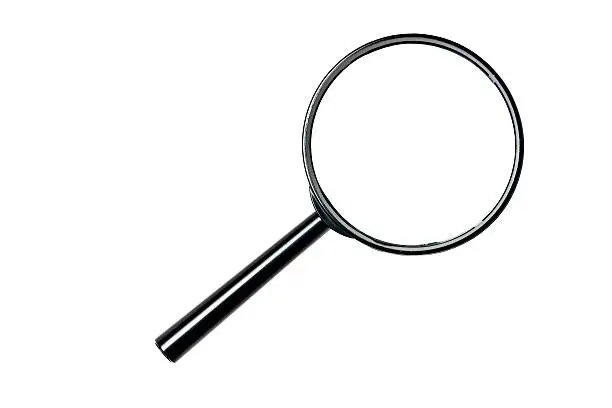 Photo of magnifying glass, cut out on white background