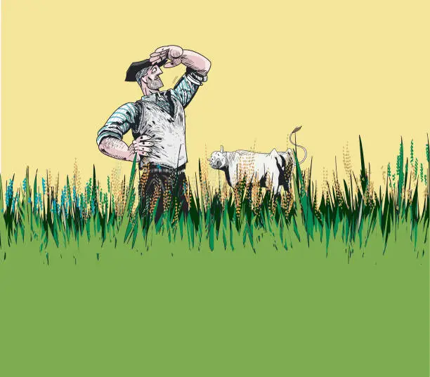 Vector illustration of A farmer and a cow in the field looking far away in the grass