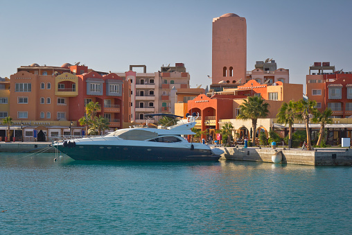 Luxury motor yacht morred in Arabian marina, Hurghada, Egypt, Red Sea