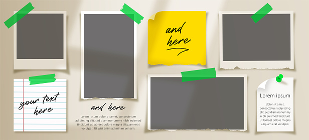 Photos frames and note book pages layout on the wall template with overlay shadow. Digital marketing agency and corporate social media post template