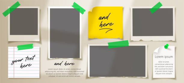 Photos frames and note book pages layout on the wall template with overlay shadow Photos frames and note book pages layout on the wall template with overlay shadow. Digital marketing agency and corporate social media post template message photos stock illustrations