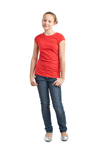 felice ragazza adolescente in maglietta rossa - t shirt child white portrait foto e immagini stock
