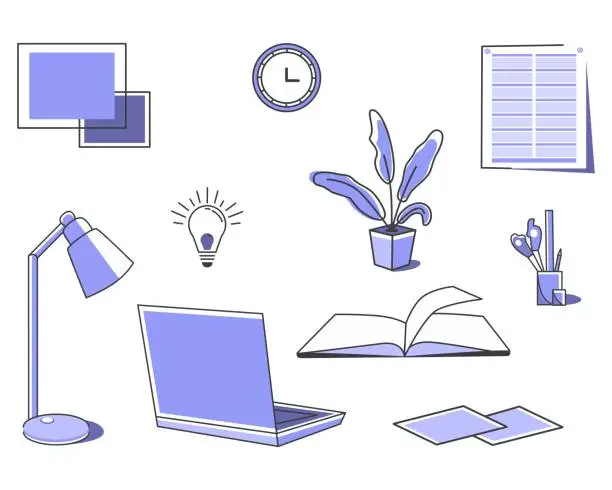 Vector illustration of Set of items for desk. Home Office.