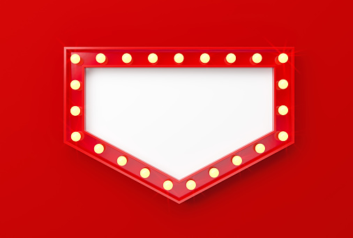 Light bulbs forming arrow shape on red background. Horizontal composition with copy space.