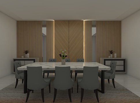 Dining room design with wooden wall ornament, luxury table and dim lighting.