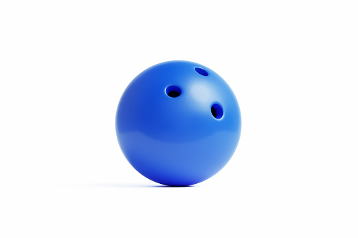 Blue bowling ball on white background. Horizontal composition.