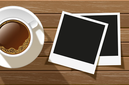 Coffee cup and two photo frames on wooden table. Digital marketing agency and corporate social media post template