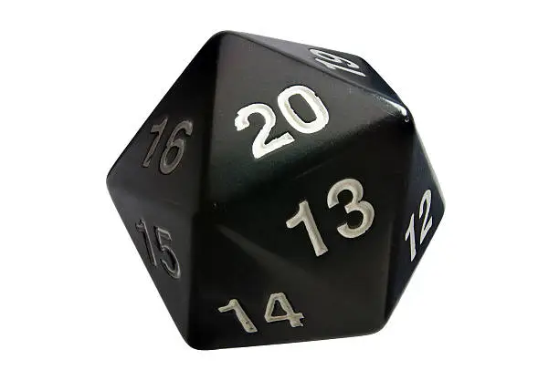 A twenty sided die with the number 20 on top.