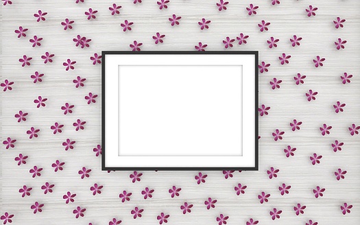 Frame Mockup With Pink Flowers Background and Soft Wooden Texture