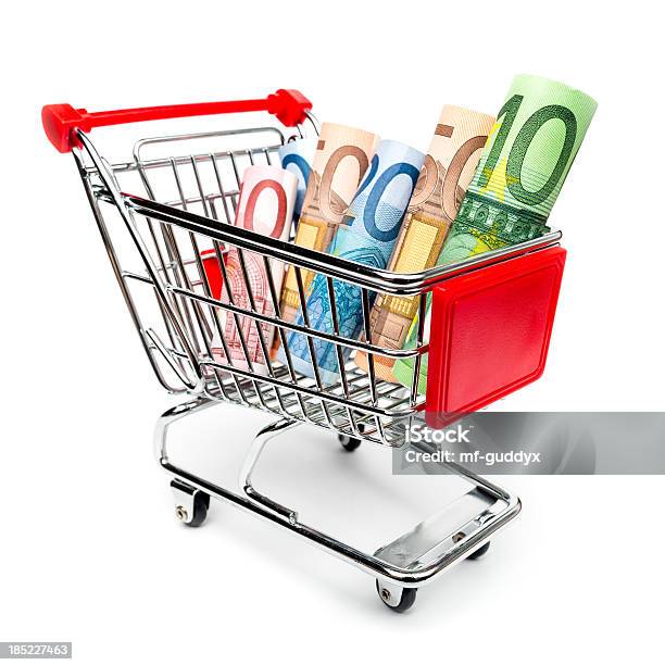 쇼핑카트 돈을 내부 슈퍼마켓에 대한 스톡 사진 및 기타 이미지 - 슈퍼마켓, 유럽 연합 통화, 유럽연합 화폐 단위