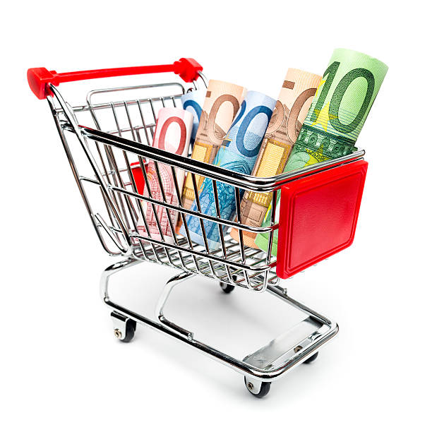 Shopping cart with money inside. European currency. (€ - Euro)