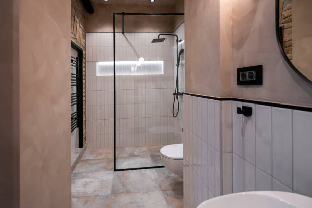 istock Modern bathroom in beige and white tones 1852275840