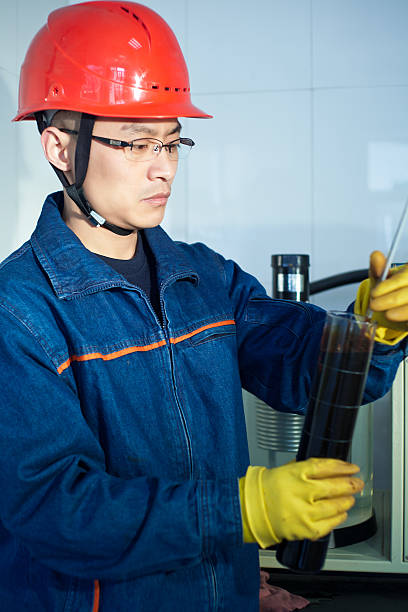 istock Engineer measuring the temperature of oil sample 185228063