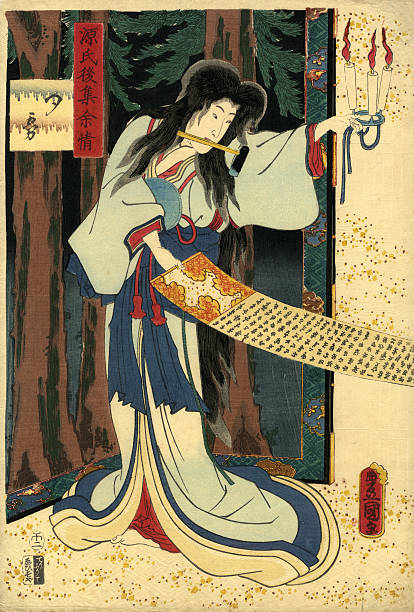 Traditional Japanese Woodblock print of Actor "This fine print by Utagawa Kuniyoshi 1797-1862 was one of the last great masters of the Japanese ukiyo-e style of woodblock prints he is associated with the Utagawa school.  This print ( 1858) shows an actor in a forest at night holding candles in a holder to light the scroll he is holding in the other hand. The series title is Genji goshu yojo Yugiri and is numbr 69, the published by Ebisuya ShoshichiaAcarver: hori kA RyA<san.This prit forms part of my own collection." geta sandal photos stock illustrations