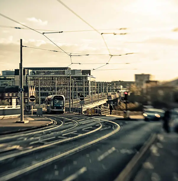 Tram in Nottingham at sunset. Fine grain added.View my lightbox: