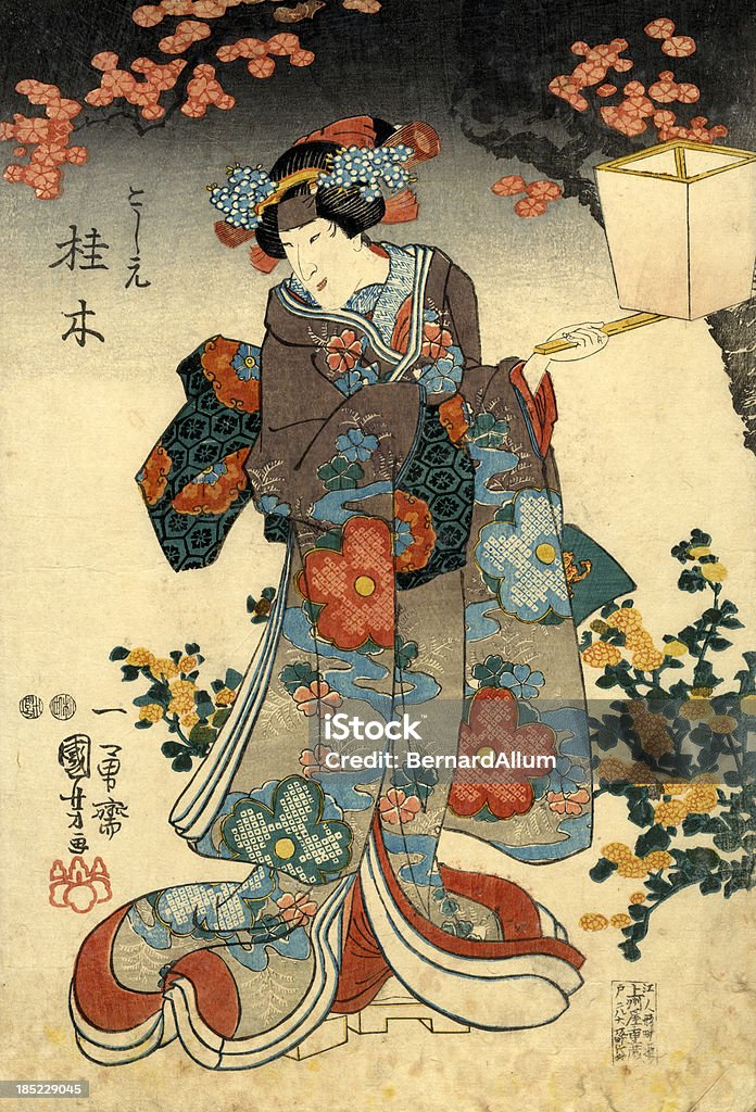 Japonês tradicional com lattern xiolográfica em feminino - Ilustração de Japão royalty-free