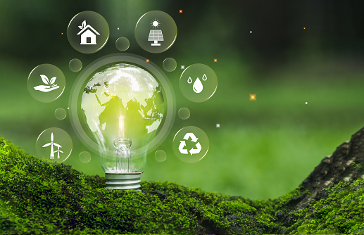 Renewable Energy or green Energy concept. Light bulb with energy sources icons for renewable sustainable development, clean energy in nature, environmental friendly and environmental. ESG. SDGs
