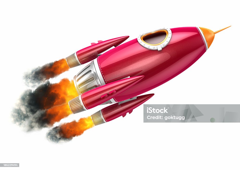 Red rocket flying on white background 3D render of rocket model.  Rocketship Stock Photo