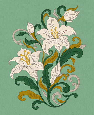 Floral lily easter plant in art nouveau 1920-1930. Hand drawn lily with weaves of lines, leaves and flowers. Vector illustration.