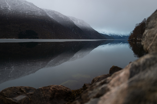 Outdoors scenics of Norway: Hardanger fjord landscape in winter