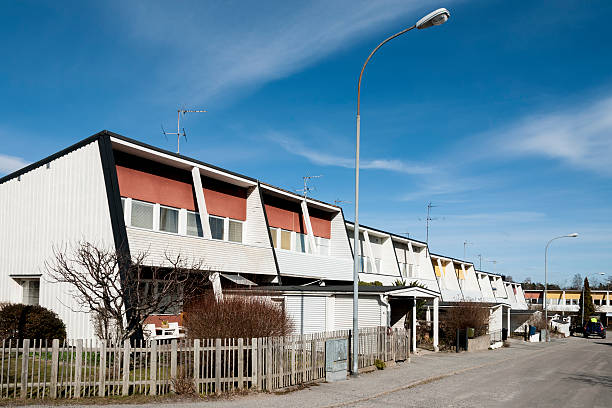 Row of 70s style terrace houses in Sweden.