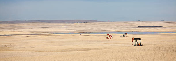 Pumpjacks on the Prairie Three pumpjacks on the prairie. Panorama. oil pump oil industry alberta equipment stock pictures, royalty-free photos & images