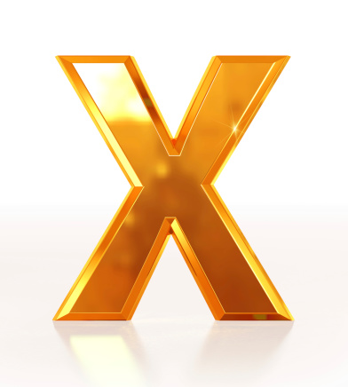 3D rendering of Letter X made of sparkling gold with reflection isolated on white background.