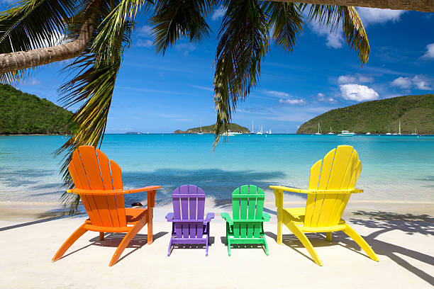 andirondack chairs at a beach in the Caribbean colorful andirondack chairs for a family vacation at a beach in the Caribbean st john's plant stock pictures, royalty-free photos & images