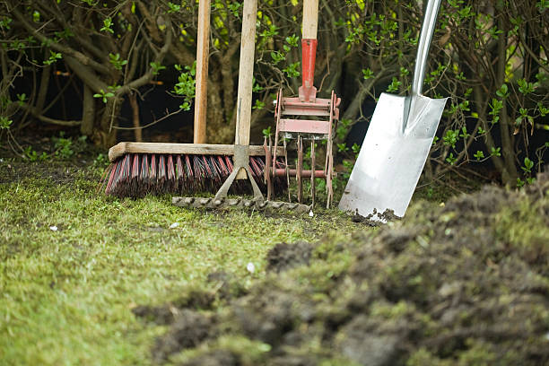Garden use Gardening tools are available at a hedge against a pile of humus and soil kultivieren stock pictures, royalty-free photos & images