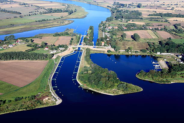 Aerial view of Sluice. Vistula river stock photo