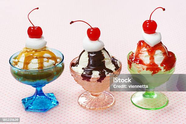 Three Ice Cream Sundaes In Vintage Glass Dishes Stock Photo - Download Image Now - Ice Cream Sundae, Ice Cream, Old-fashioned