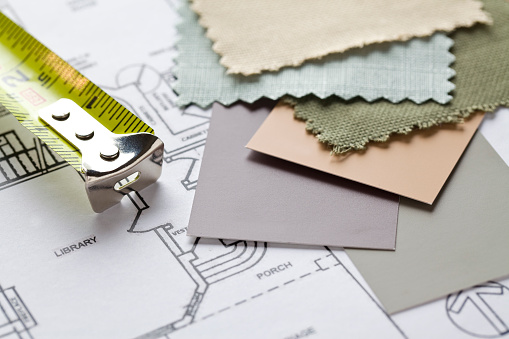 Color samples for paint and fabric on floor plans. Click to see more!