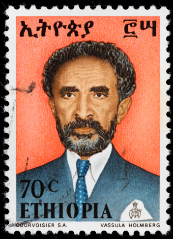A 1973 Ethiopia postage stamp with a portrait of Emperor Haile Selassie (1892-1975).