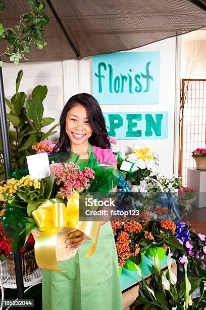 Young Asian Florist Outside Retail Flower Shop Small Business Owner Stock Photo - Download Image Now