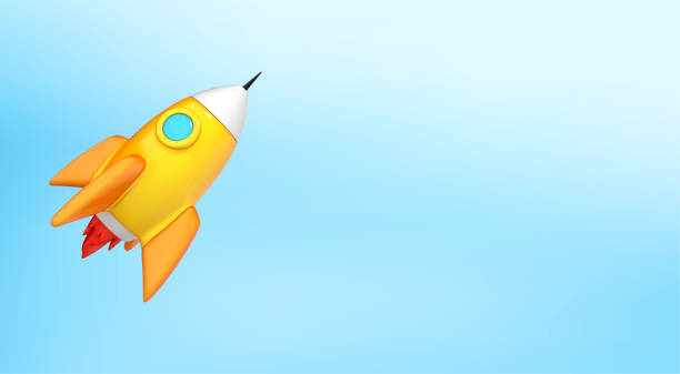 istock 3d cartoon spaceship rocket on blue background.  Spaceship launch. Launch business product on market. Startup business concept. Vector illustration 1852322261