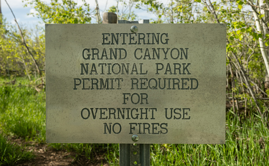 Entering and Permit Sign On Hiking Trail In Grand Canyon National Park