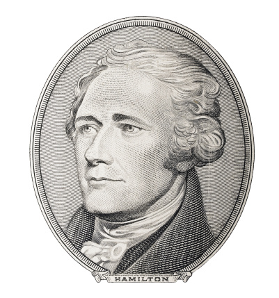 First Secretary of Treasury Alexander Hamilton. Qualitative portrait from 10 dollars banknote isolater white background