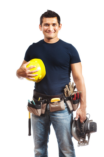 Subject: A friendly happy smiling Professional construction contractor worker with hard hat and work tools isolated on a white background.