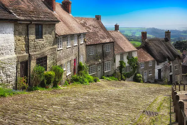 "Gold Hill, Shaftesbury.  Famous cobbled street in Dorset. Used in many films and adverts including Hovis bread."