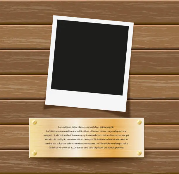 Vector illustration of Photo frame on wooden background with brass plaque