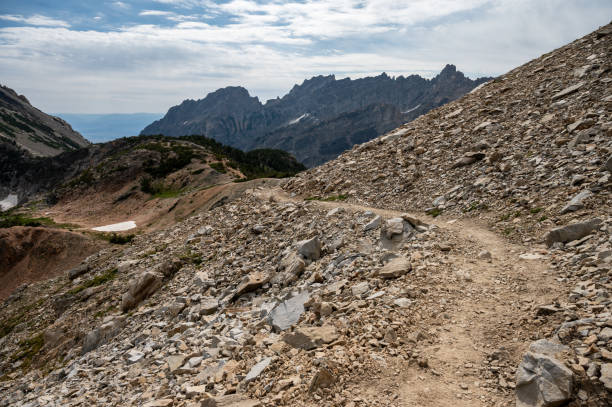 Looking Back Over Trail Bending around Cliff Toward Paintbrush Canyon in Grand Teton National Park