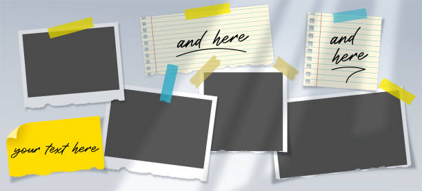 Photos frames and note book pages layout on the wall template with overlay shadow Photos frames and note book pages layout on the wall template with overlay shadow. Digital marketing agency and corporate social media post template camera covers pictures stock illustrations
