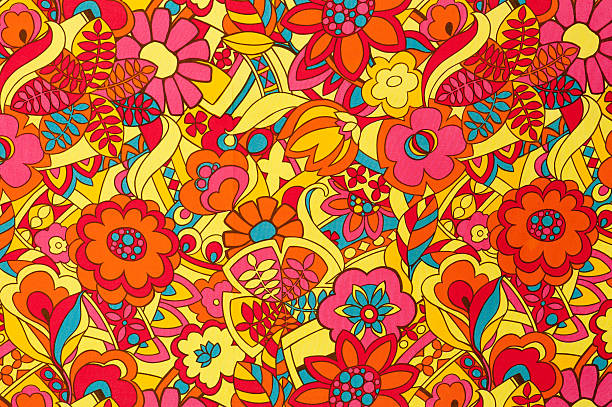 Vintage Fabric Background SB51 1962-1972 "Vintage pink, yellow, red, teal floral fabric circa 1962 to 1972." funky stock pictures, royalty-free photos & images