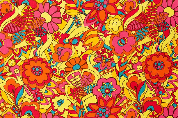 "Vintage pink, yellow, red, teal floral fabric circa 1962 to 1972."
