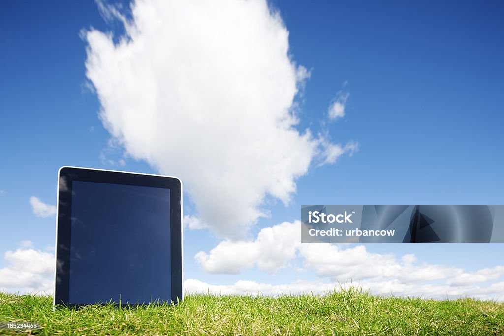 Computing outdoors A digital tablet, in a field of green grass, clouds reflected in the screen Agricultural Field Stock Photo